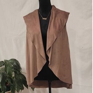She + Sky Faux Suede Draped Open Front Waterfall Vest Tan Brown Small